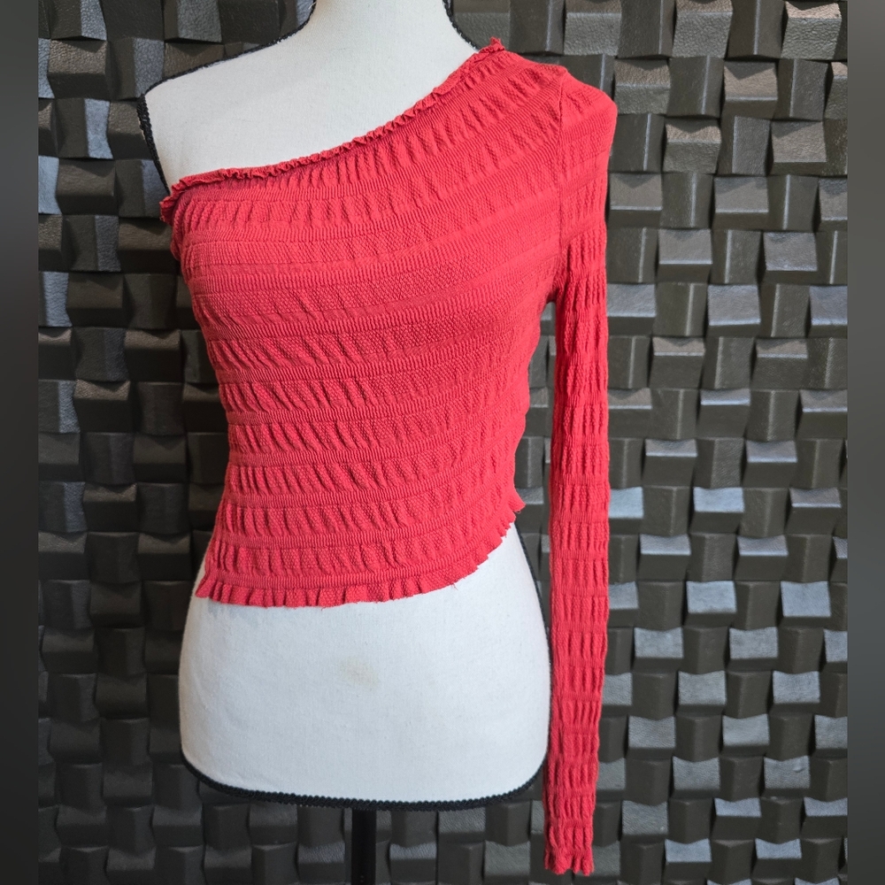 Free People Red Clover Womens Crop Top Orange One Shoulder Slit Ruffles
